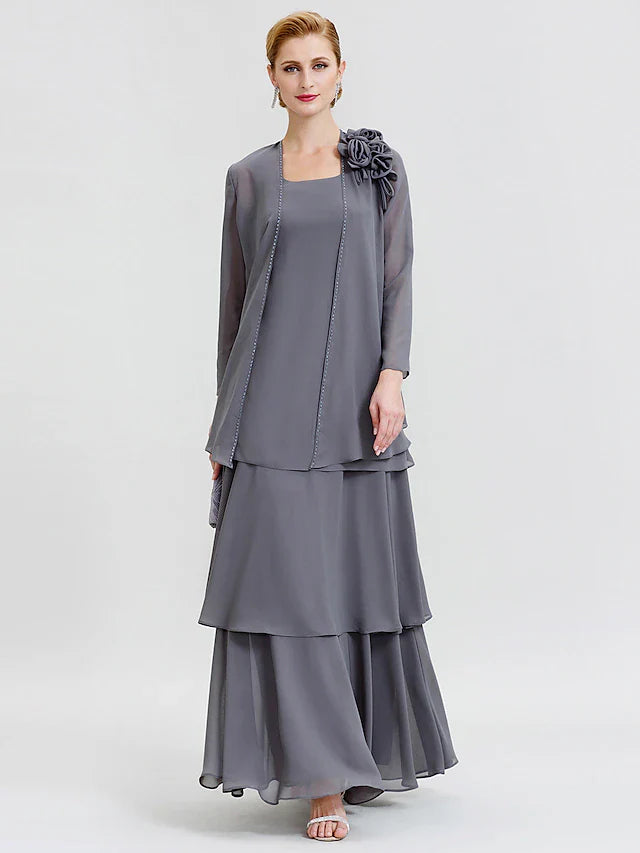 Wholesale A-Line Mother of the Bride Dress Formal Floral Convertible Dress Scoop Neck Floor Length Chiffon Long Sleeve Wrap Included with Beading Flower Tiered